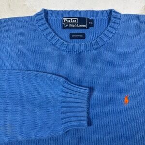 Polo Ralph Lauren Crewneck Sweater Mens XL Blue Cotton Orange Pony Hong Kong